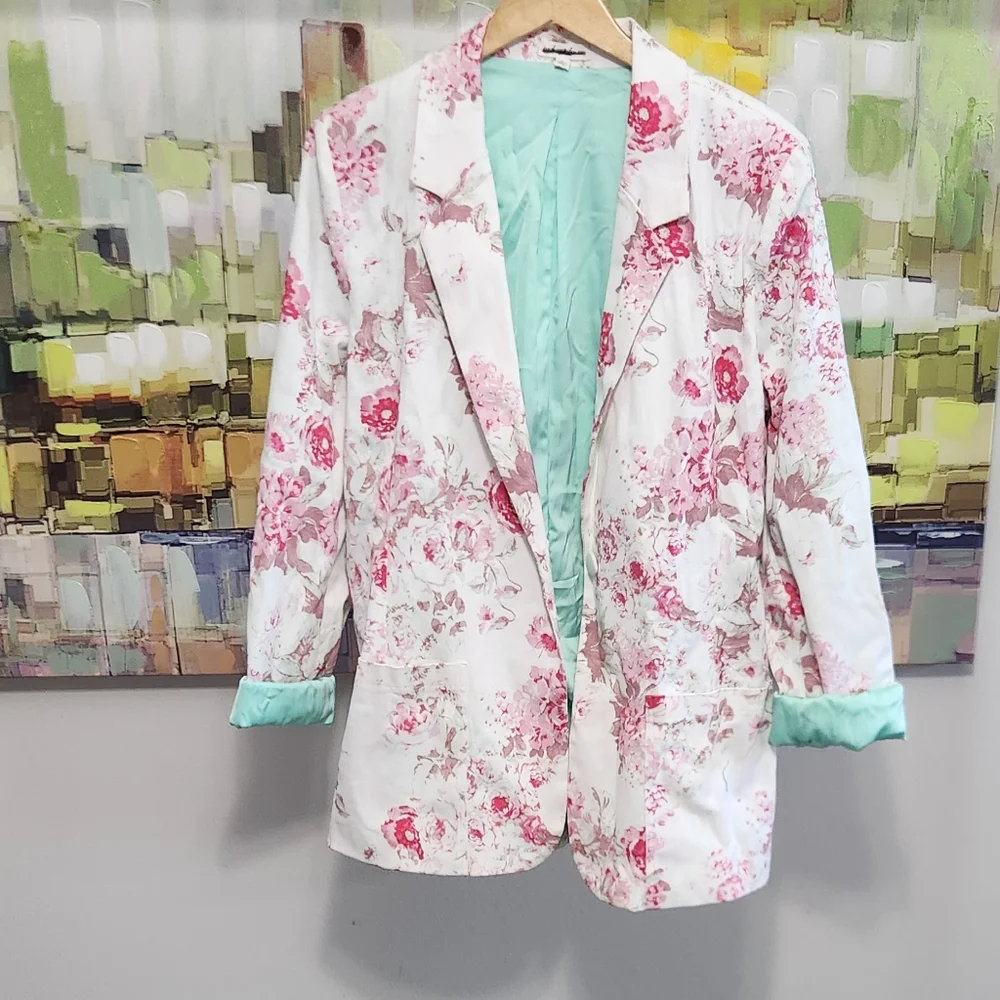 New!For Love And Lemons Weston Denim Floral‎ Women's Blazer - Pink and White